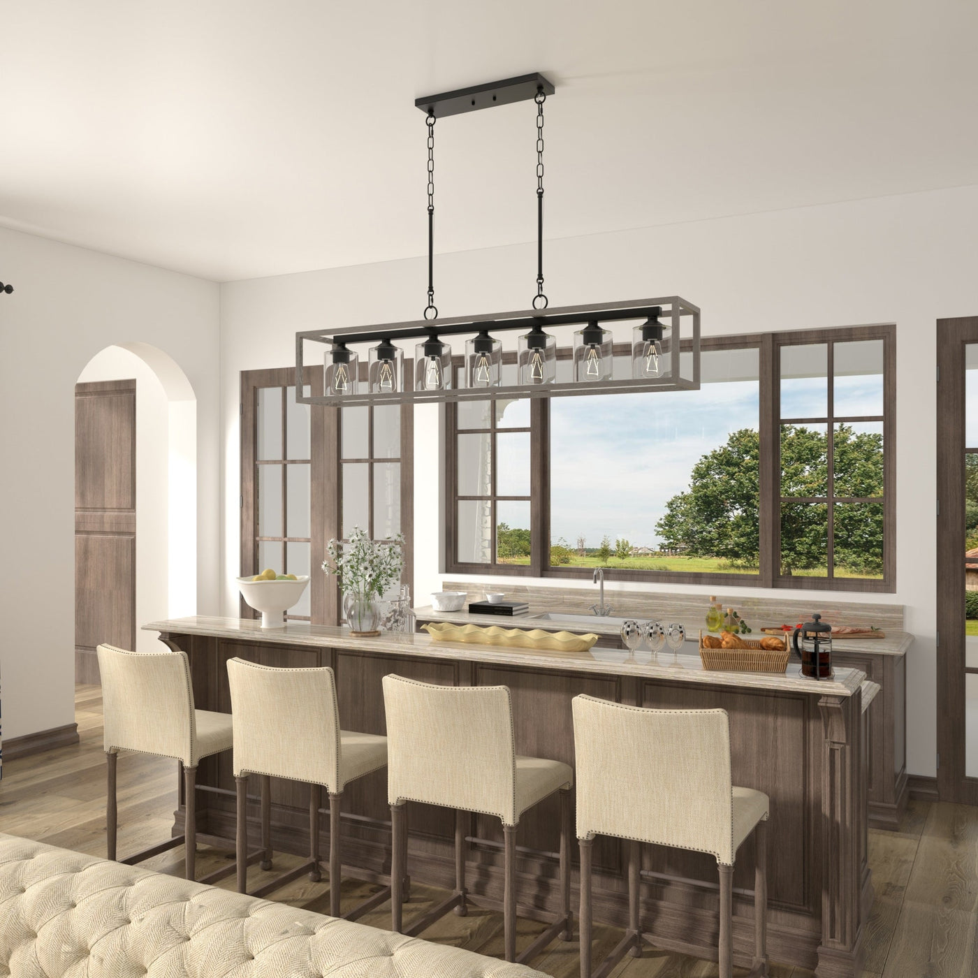 Allegray 52in Farmhouse 7-light Linear Chandelier Rectangle Kitchen Island Pendant