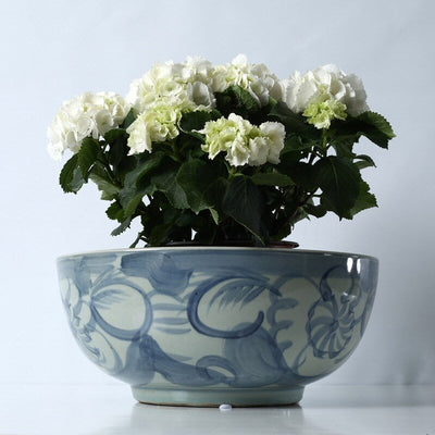 Approx. 16 Wide Blue and White Bowl with Flower Motif