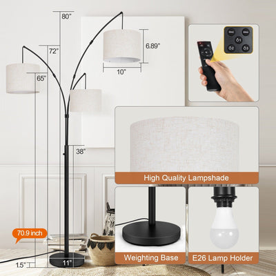 Arc LED Floor Lamp Dimmable Modern Black 3 Light Arched Tall Floor Lamp