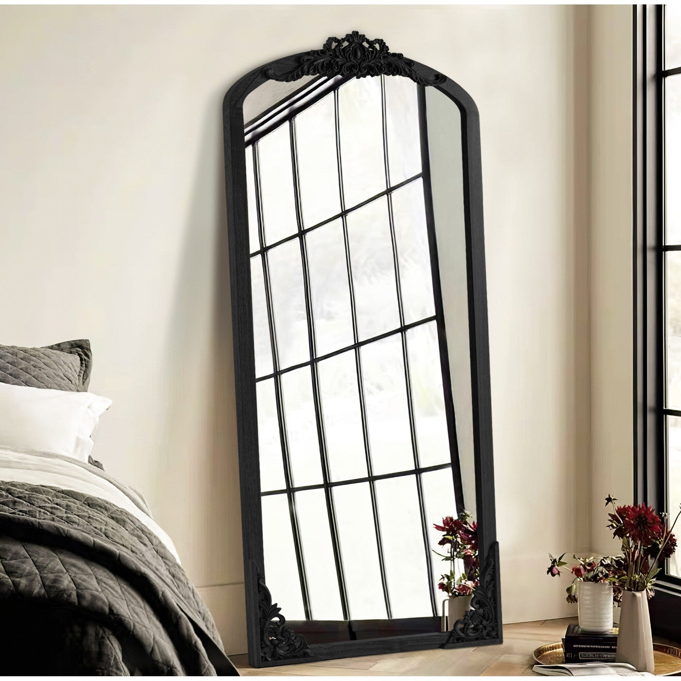 Arched Full-Length Solid Wood Carving Floor Mirror