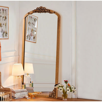 Arched Full-Length Solid Wood Carving Floor Mirror