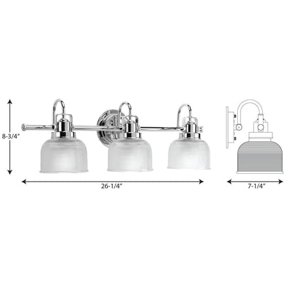 Archie Collection Three-Light Polished Chrome Clear Double Prismatic Glass Coastal Bath Vanity Light - 8.75 x 26.25 x 7.25