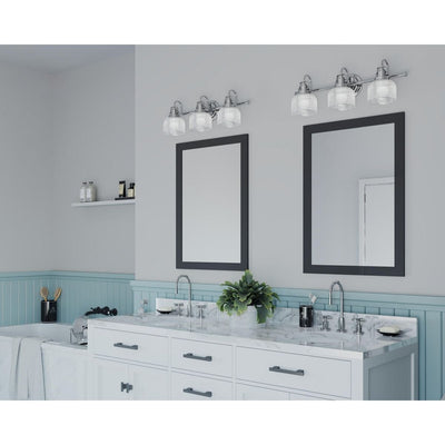 Archie Collection Three-Light Polished Chrome Clear Double Prismatic Glass Coastal Bath Vanity Light - 8.75 x 26.25 x 7.25