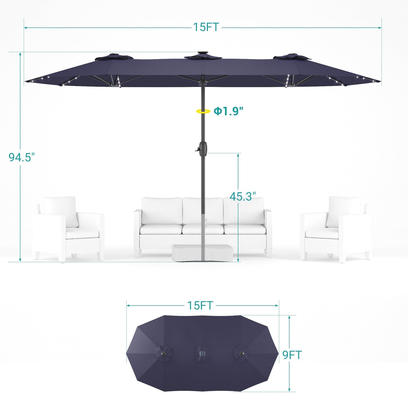 BONOSUKI 15x9ft LED Double-Sided Patio Umbrella Aluminum Large Canopy