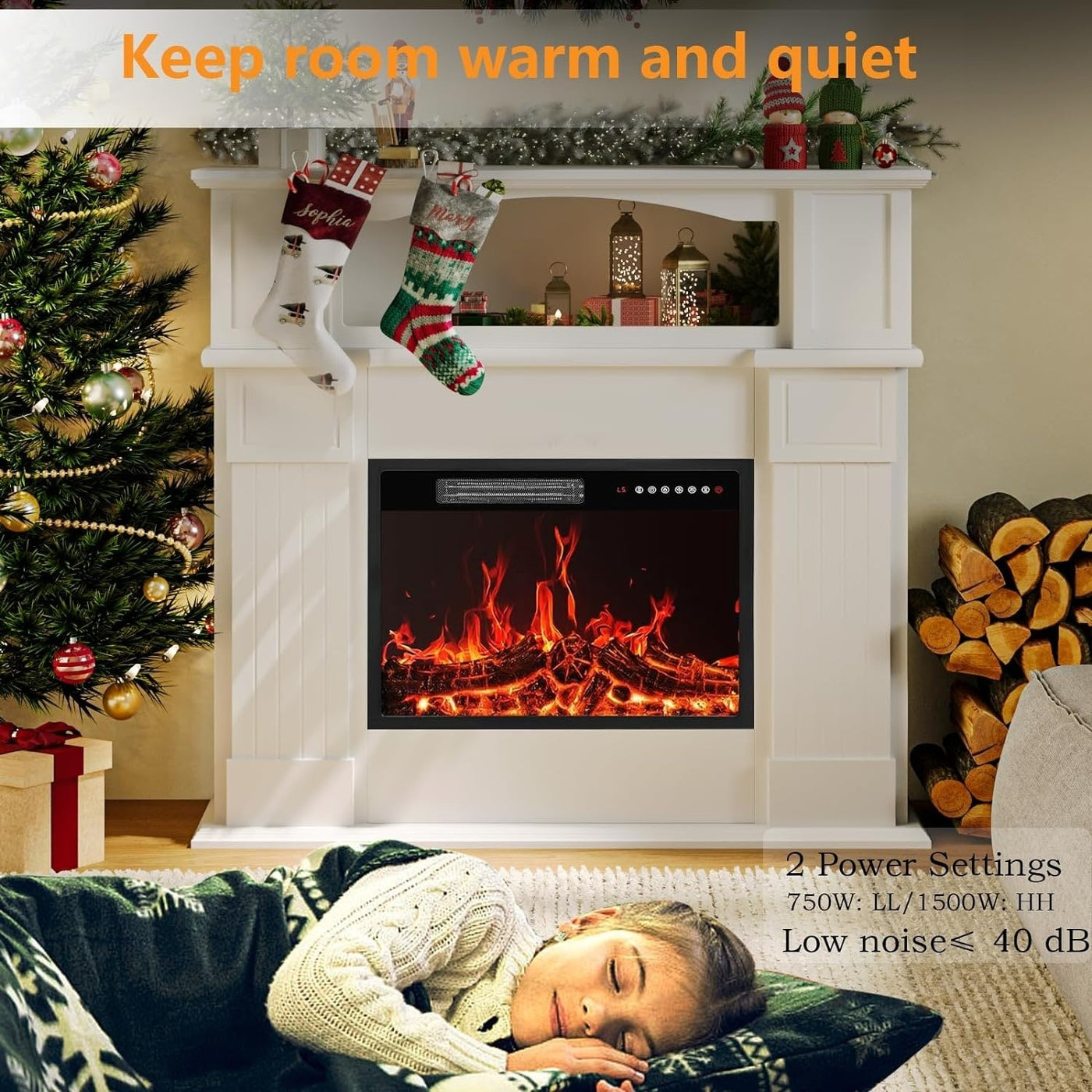 BOSSIN 43 Electric Fireplace with Mantel, 23 inch Electric Fireplace Insert,Freestanding TV Stand with Fireplace Wooden Firebox