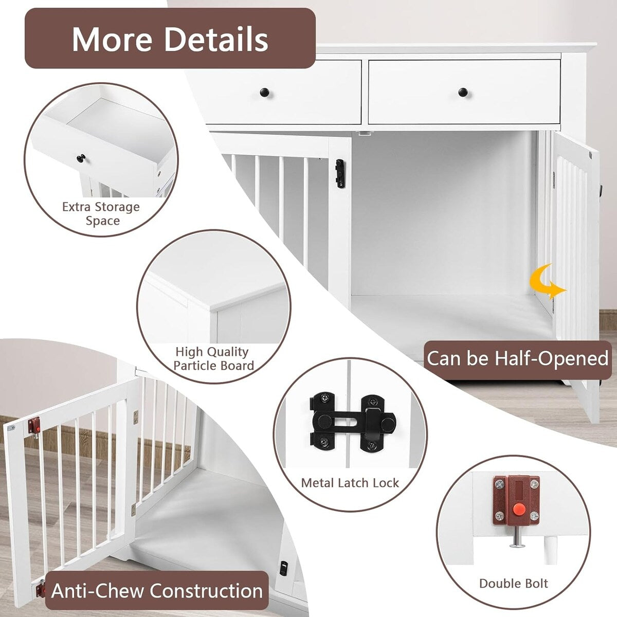 BOSSIN 44 Inch Large Dog Crate Furniture, Wooden Dog Kennel End Table with Storage Drawers, Decorative Pet Crates Dog House