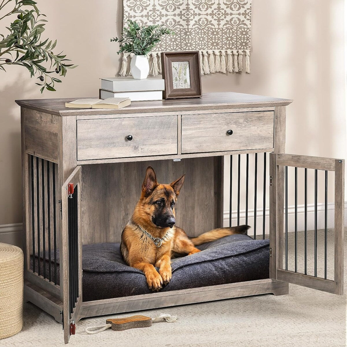 BOSSIN 44 Inch Large Dog Crate Furniture, Wooden Dog Kennel End Table with Storage Drawers, Decorative Pet Crates Dog House
