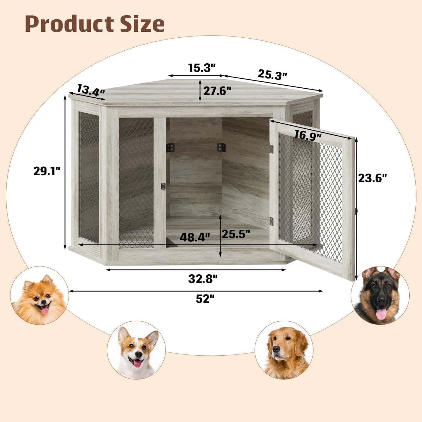 BOSSIN Corner Dog Crate Furniture,44/52 inch Wooden Dog Kennel Furniture with Mesh,Decorative Wood Dog House for Indoor use