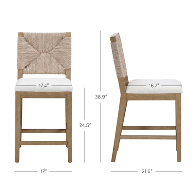 Beacon Bohemian Boucle Bar Stool, Upholstered Counter Height Chair with Solid Wood Frame and Woven Seagrass Back