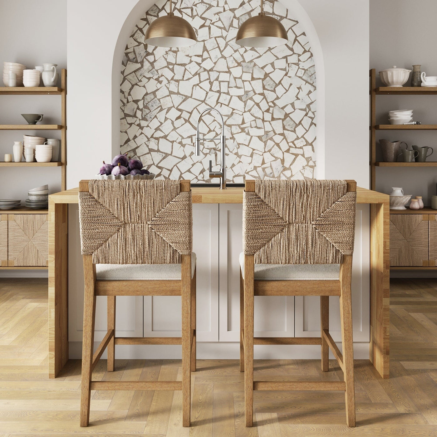 Beacon Bohemian Boucle Bar Stool, Upholstered Counter Height Chair with Solid Wood Frame and Woven Seagrass Back