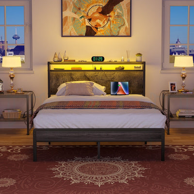Farmhouse Wood Platform Bed Frame with Charged Station and LED Lights