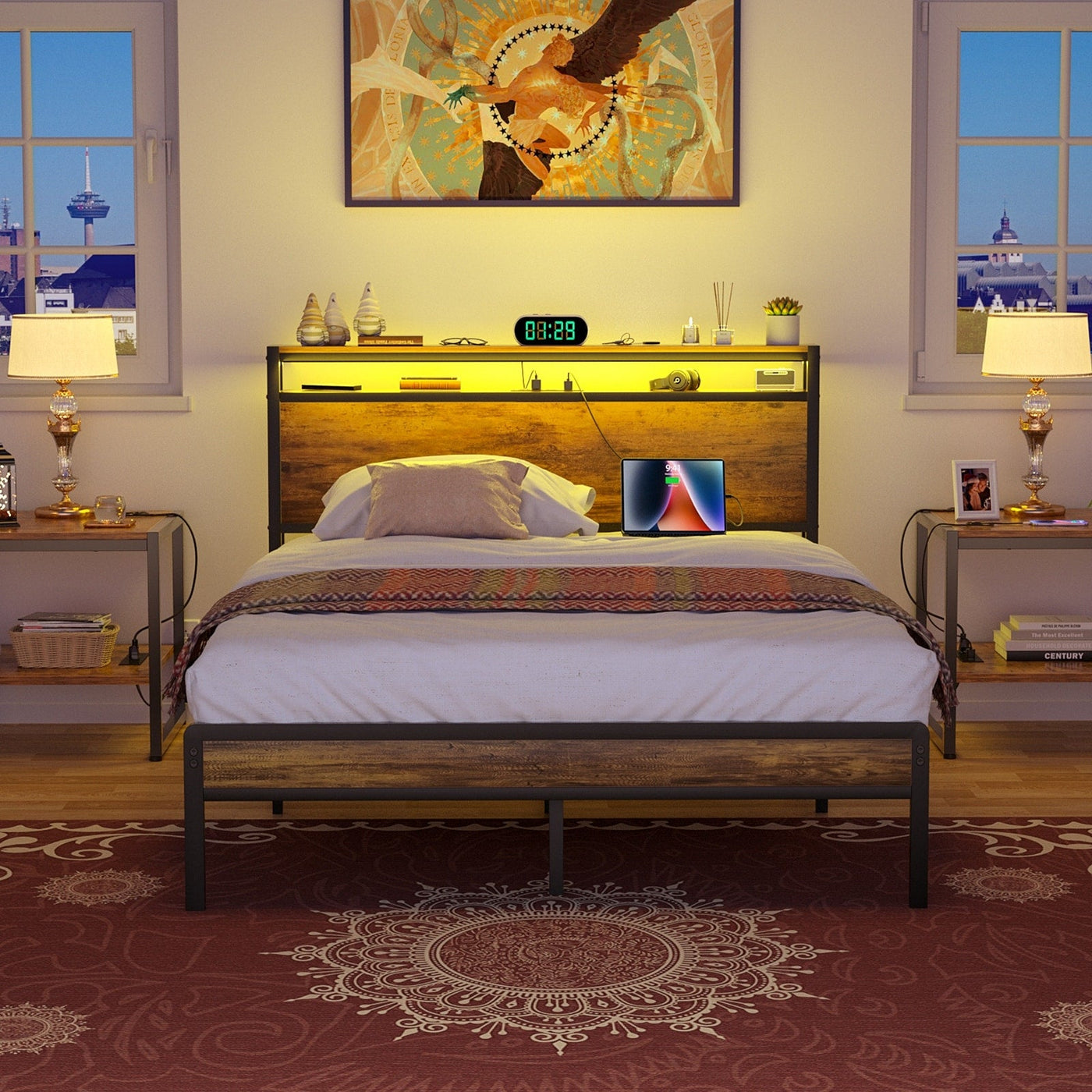 Farmhouse Wood Platform Bed Frame with Charged Station and LED Lights