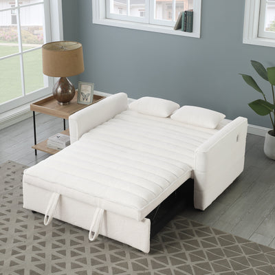 Beige 55.12 Boucle Loveseat Convertible Pull-Out Sofa Bed with Adjustable Back and 2 Waist Pillows for Living Room