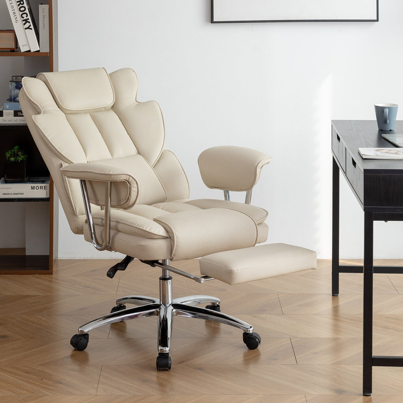 Beige Bonded Leather 360¡ã Swivel Ergonomic High Back Office Recliner with Lumbar Support, Footrest, Adjustable Height