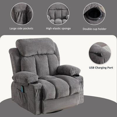 Beige Swivel Recliner with Massage, Heat & USB Charging