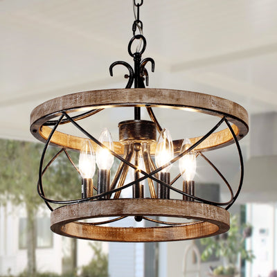 Bella Depot 5-Light Rustic Cage Wood Chandelier Dimmable Lighting, 15.7 Adjustable Farmhouse Pendant Light for Kitchen Island
