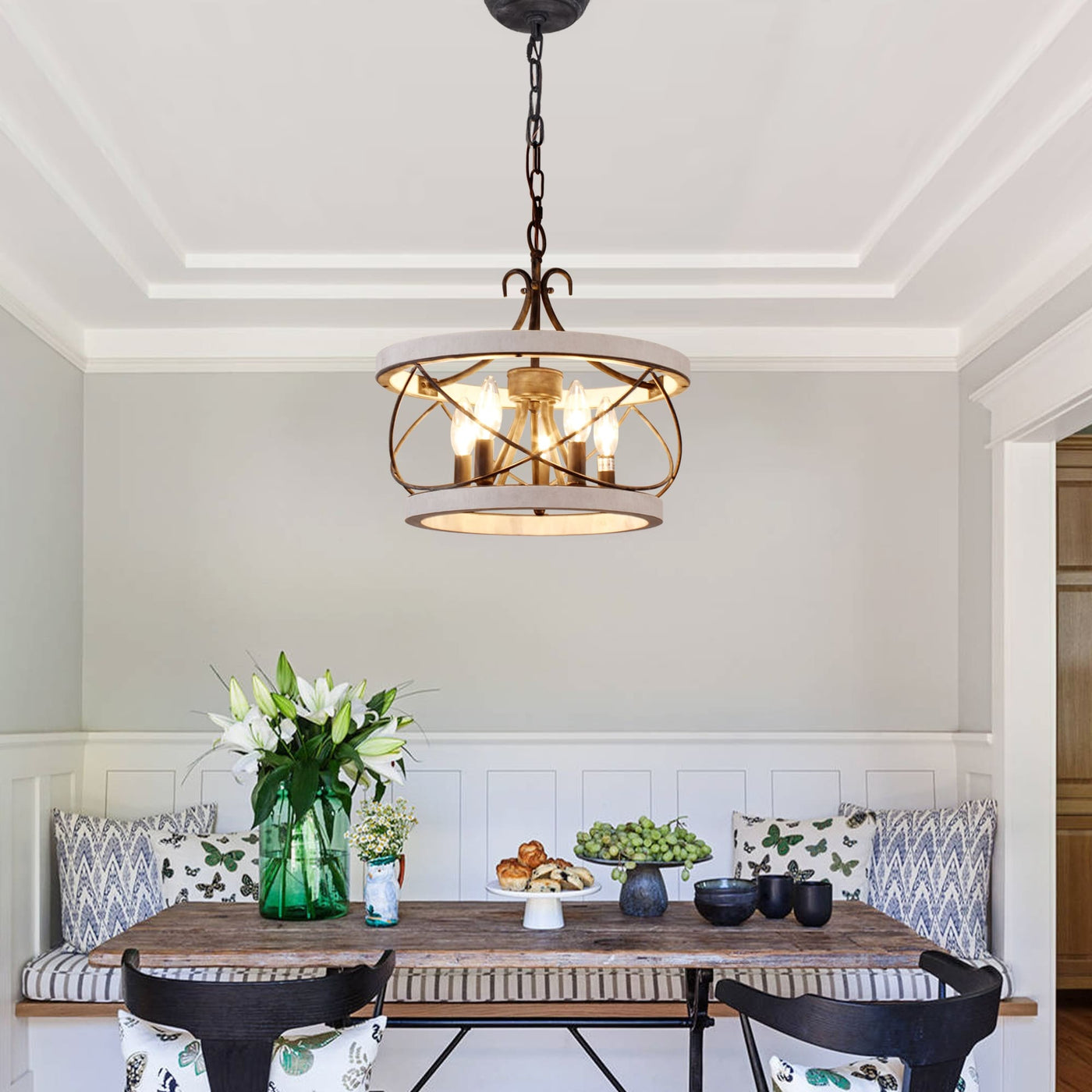 Bella Depot 5-Light Rustic Cage Wood Chandelier Dimmable Lighting, 15.7 Adjustable Farmhouse Pendant Light for Kitchen Island