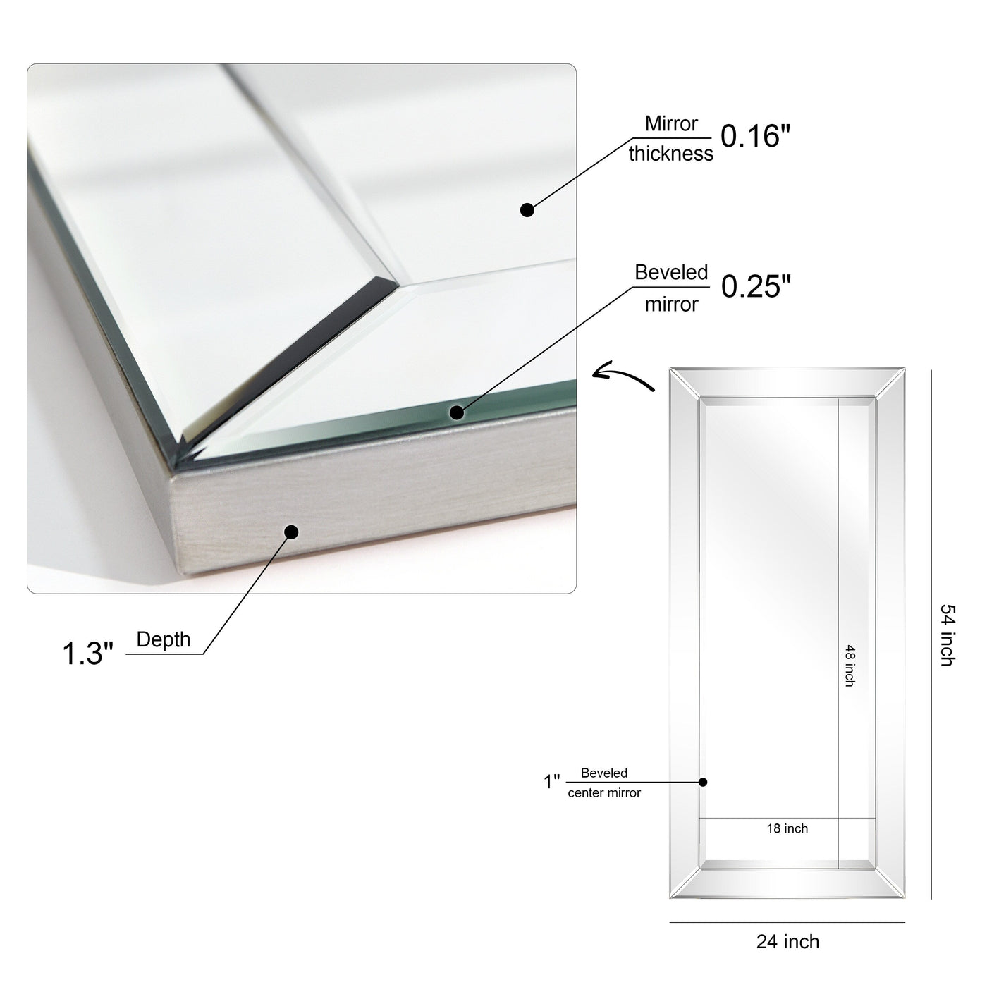 Beveled Rectangular Clear HD Wall Mounted Mirror for Bathroom, Vanity, Bedroom Mirrors, 3 sizes