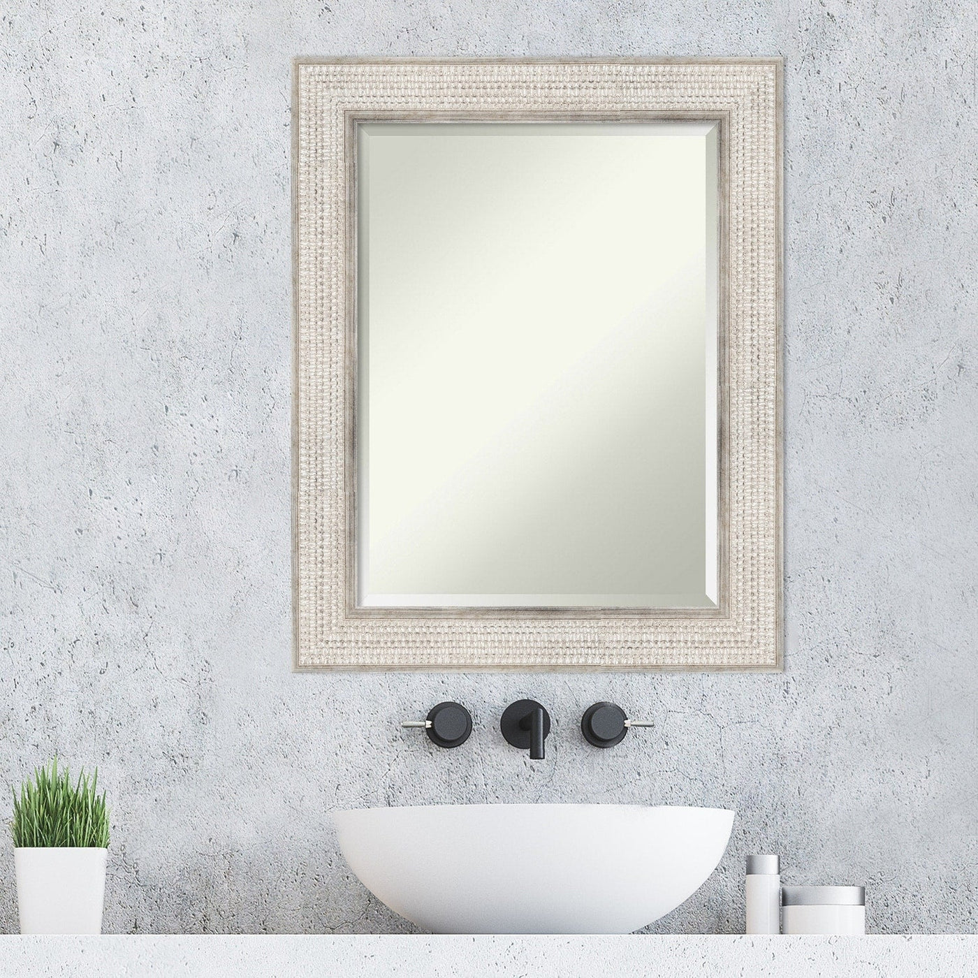 Beveled Wood Bathroom Wall Mirror - Trellis Silver Frame - Trellis Silver