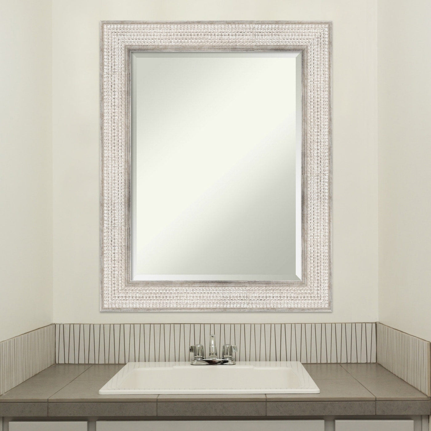 Beveled Wood Bathroom Wall Mirror - Trellis Silver Frame - Trellis Silver