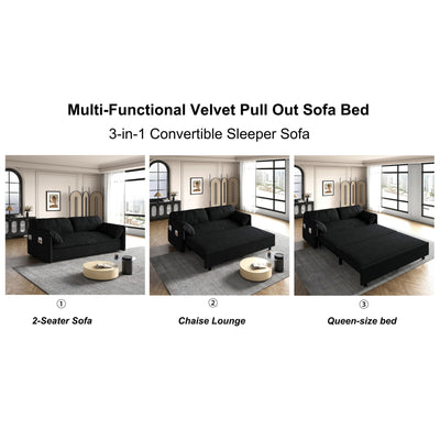 Black 63.8 3-in-1 Velvet Loveseat Pull Out Sofa Bed with Side Storage for Living Room