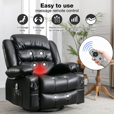 Black Swivel Rocker Recliner with Heat, Massage & USB Ports