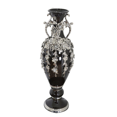 Black and Silver Floret Jeweled Stunning Vase 35 Inches Tall