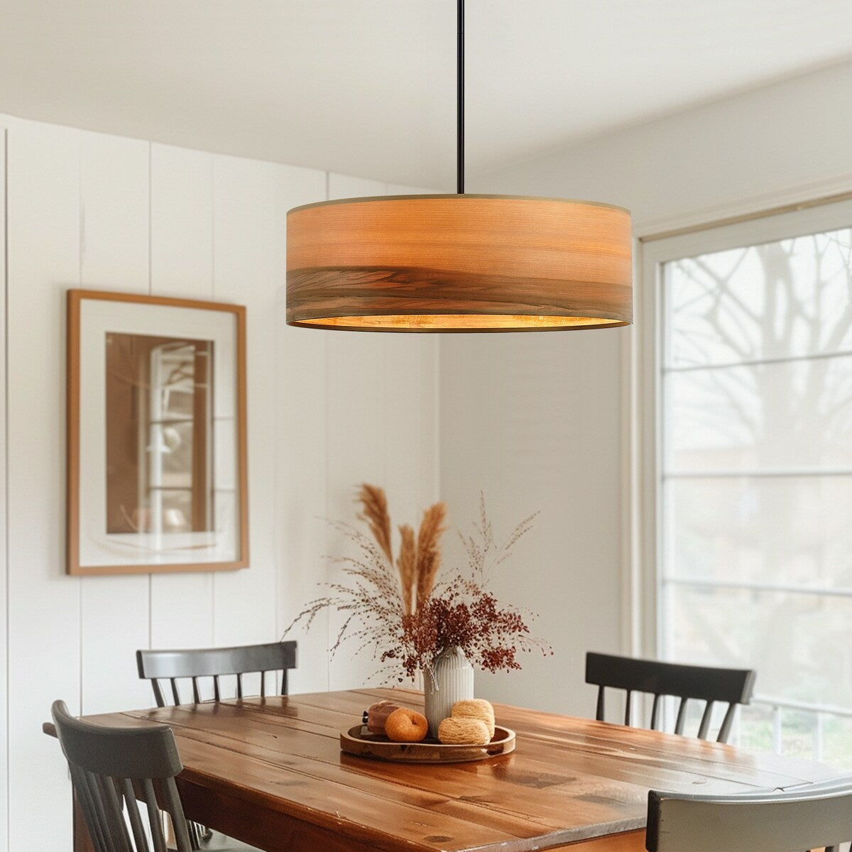 Breaux 4-Light Wood Veneer Drum Chandelier with Black Canopy - 22 in. W