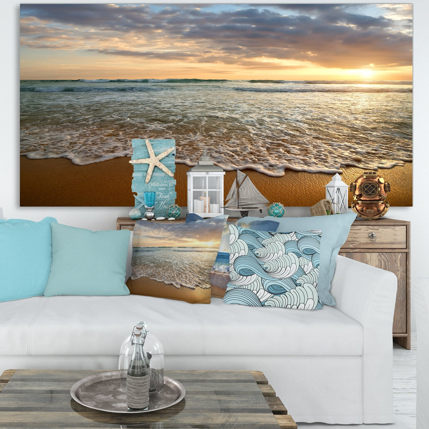 Bright Cloudy Sunset in Calm Ocean - Contemporary Seascape Art Canvas