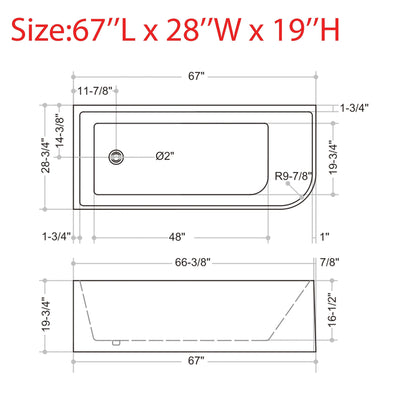 CB HOME 59''/67'' Freestanding Acrylic Soaking Bathtubs, Soaking Tubs Single Side Against The Wall, Left/Right Overflow