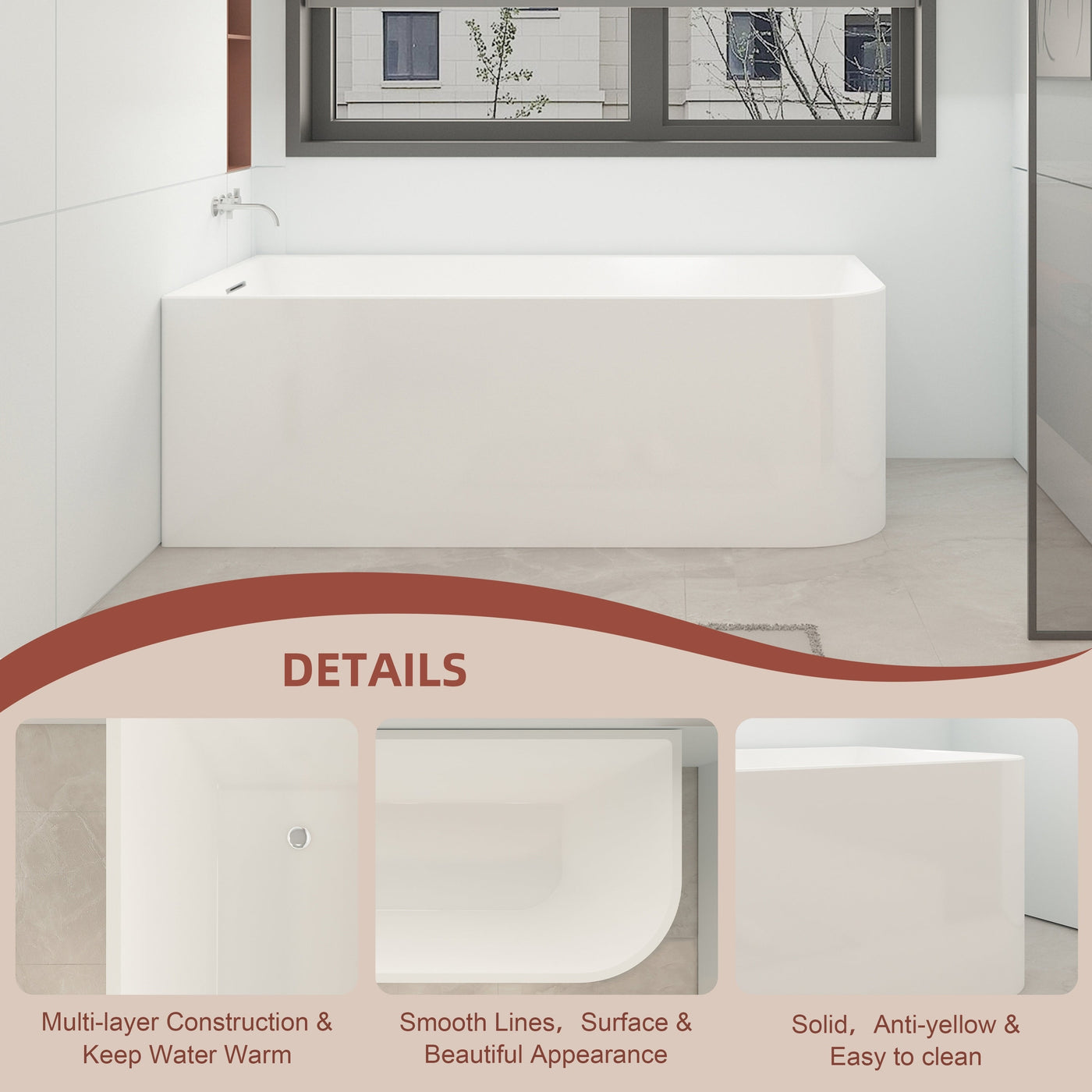 CB HOME 59''/67'' Freestanding Acrylic Soaking Bathtubs, Soaking Tubs Single Side Against The Wall, Left/Right Overflow