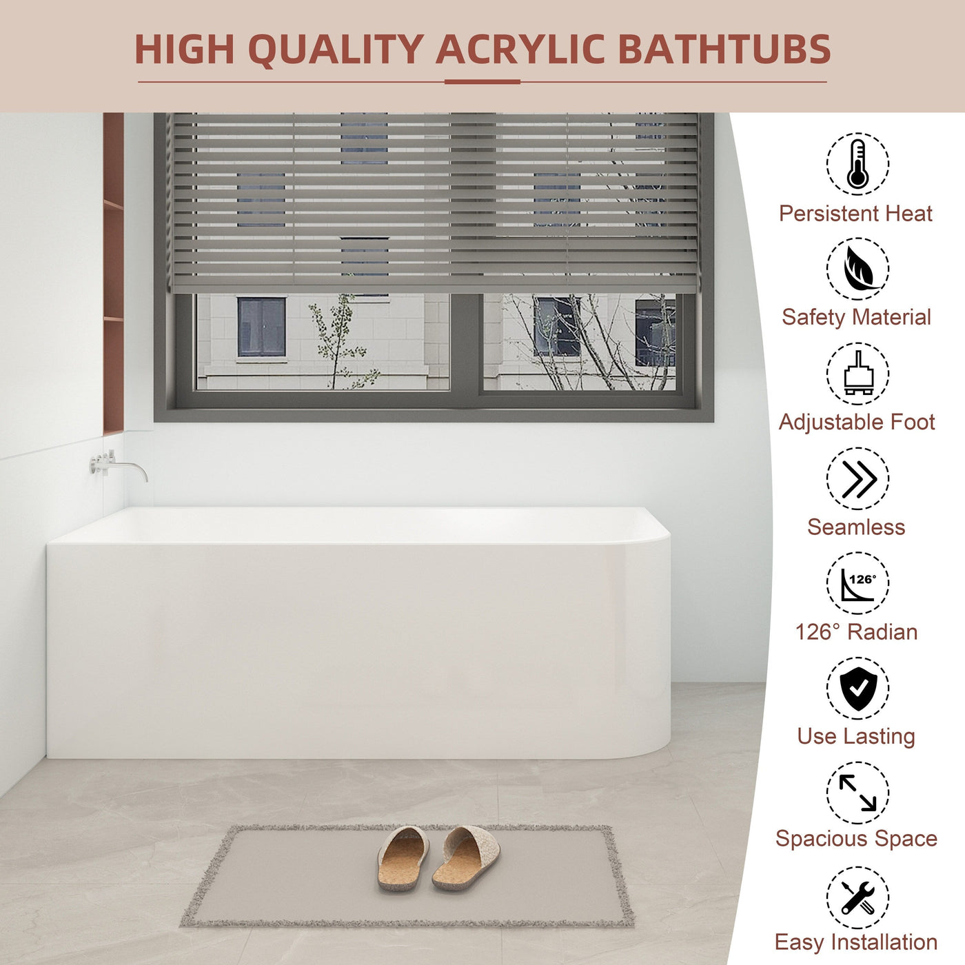 CB HOME 59''/67'' Freestanding Acrylic Soaking Bathtubs, Soaking Tubs Single Side Against The Wall, Left/Right Overflow