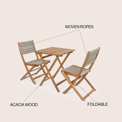 Cadiz Modern Coastal 3-Piece Acacia Wood Outdoor Folding Bistro Set, by JONATHAN Y