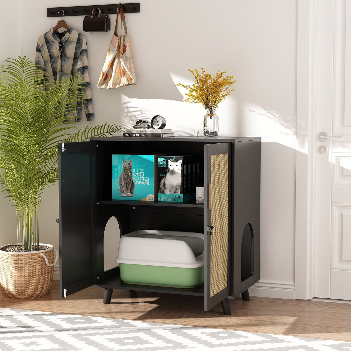 Cat Litter Box Enclosure Cat House Side Table Door Cabinet Bookcase