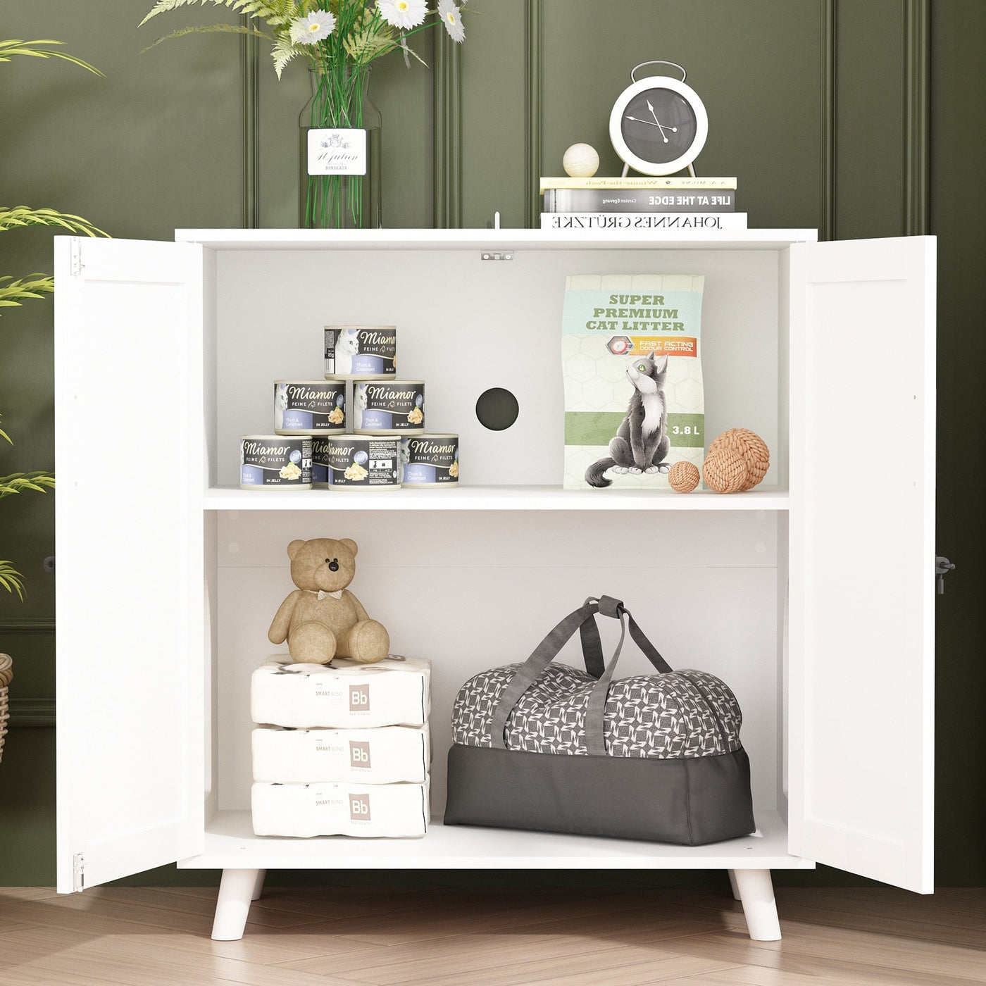 Cat Litter Box Enclosure Cat House Side Table Door Cabinet Bookcase