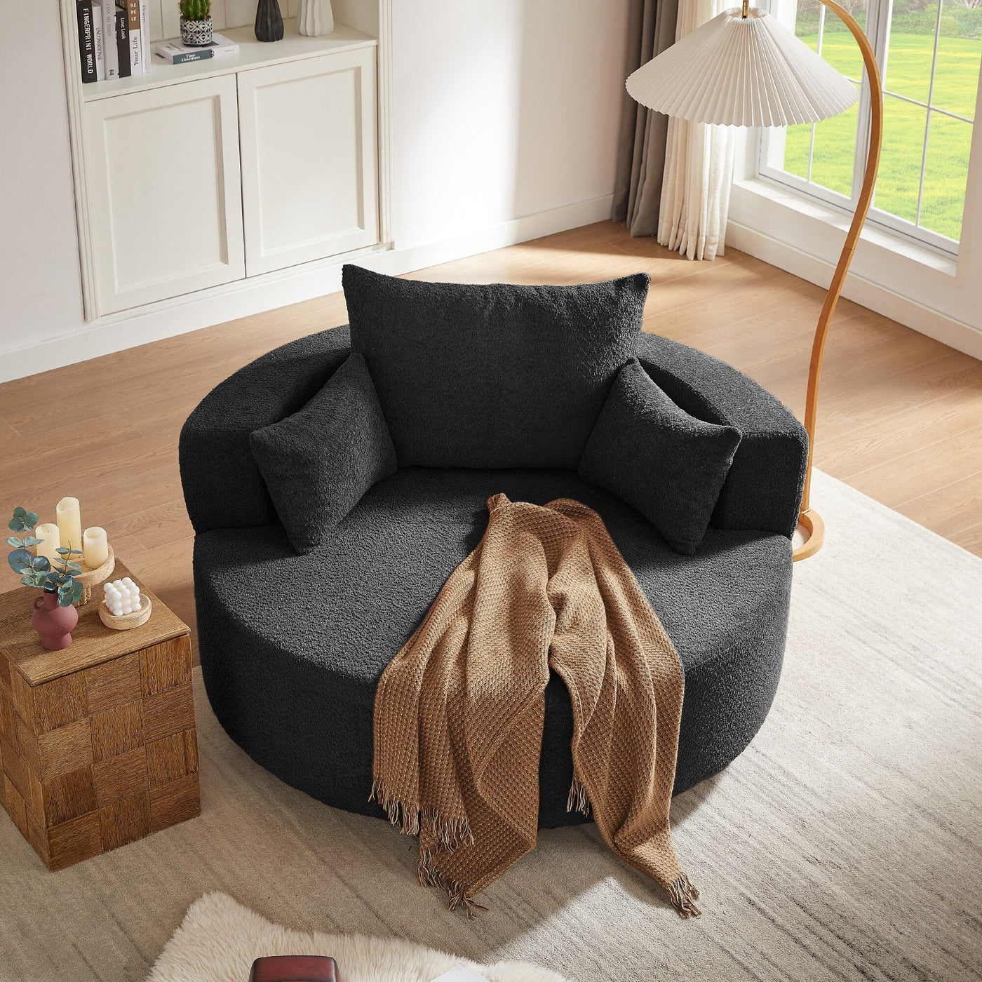 Chenille Accent Barrel Chair Lounge Chair, Round Sofa Chair Armchair with 360-Degree Swivel Base and 3 Removable Pillows