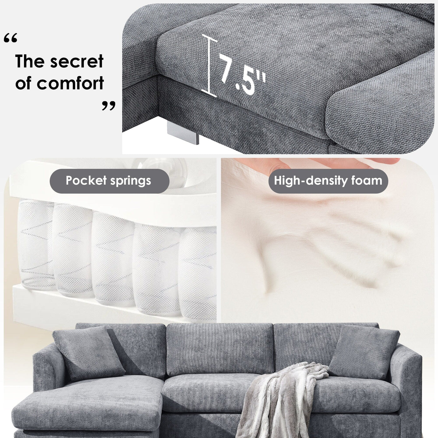 Cloud Sectional Sofa,L-Shaped Luxury Couch Set With 2 Free Pillows,4-Seat Chenille Indoor Furniture With Oversized Chaise