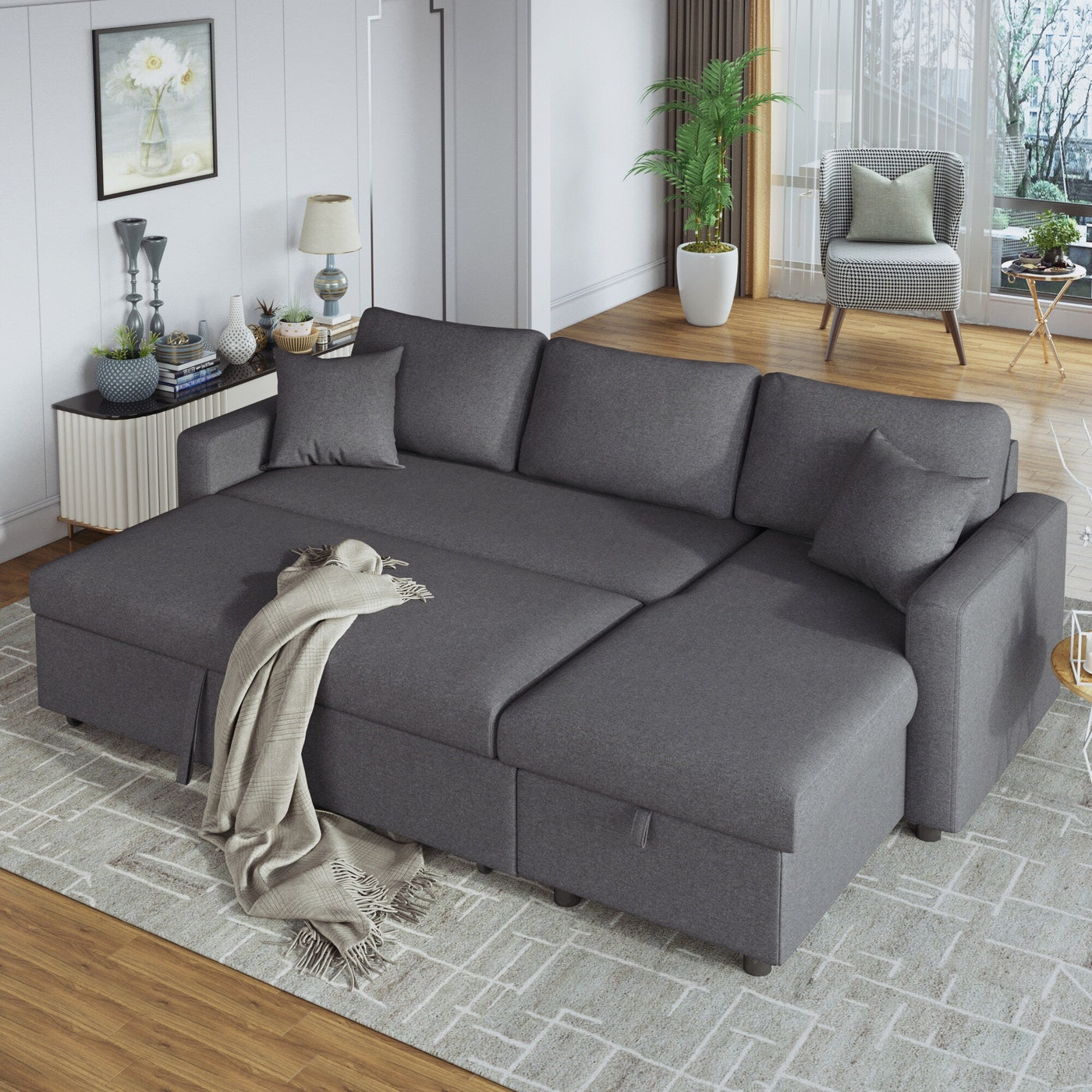 Convertible L-Shaped Sectional Sofa with Pull-Out Bed and Storage Space, 2 Tossing Cushions