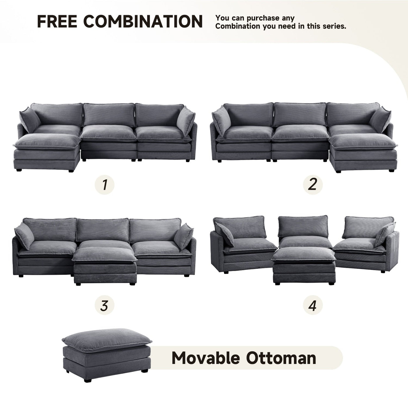 Corduroy Sectional Sofa with Removable Ottomans & Ultra-soft Cushions for Living Room & Bedroom