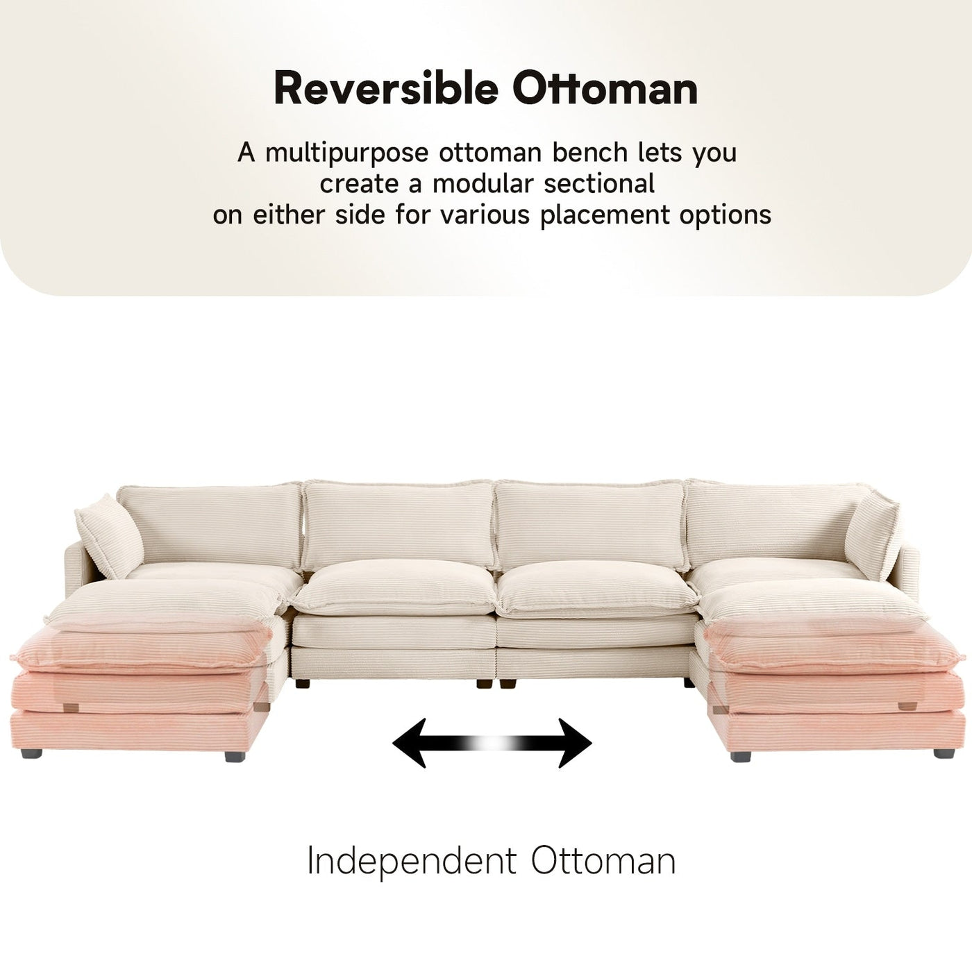 Corduroy Sectional Sofa with Removable Ottomans & Ultra-soft Cushions for Living Room & Bedroom