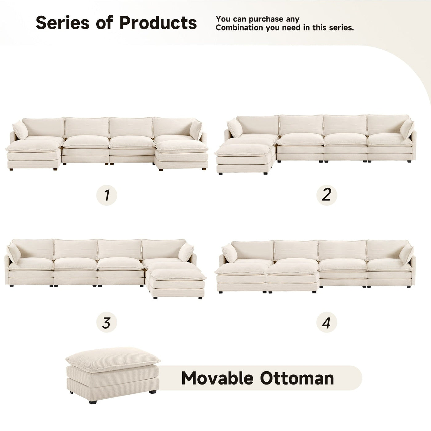 Corduroy Sectional Sofa with Removable Ottomans & Ultra-soft Cushions for Living Room & Bedroom