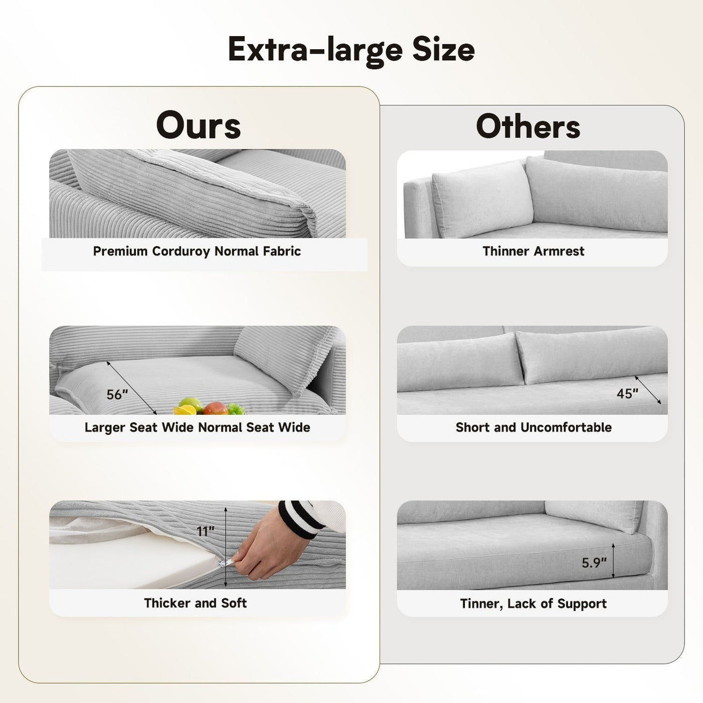 Corduroy Sectional Sofa with Removable Ottomans & Ultra-soft Cushions for Living Room & Bedroom