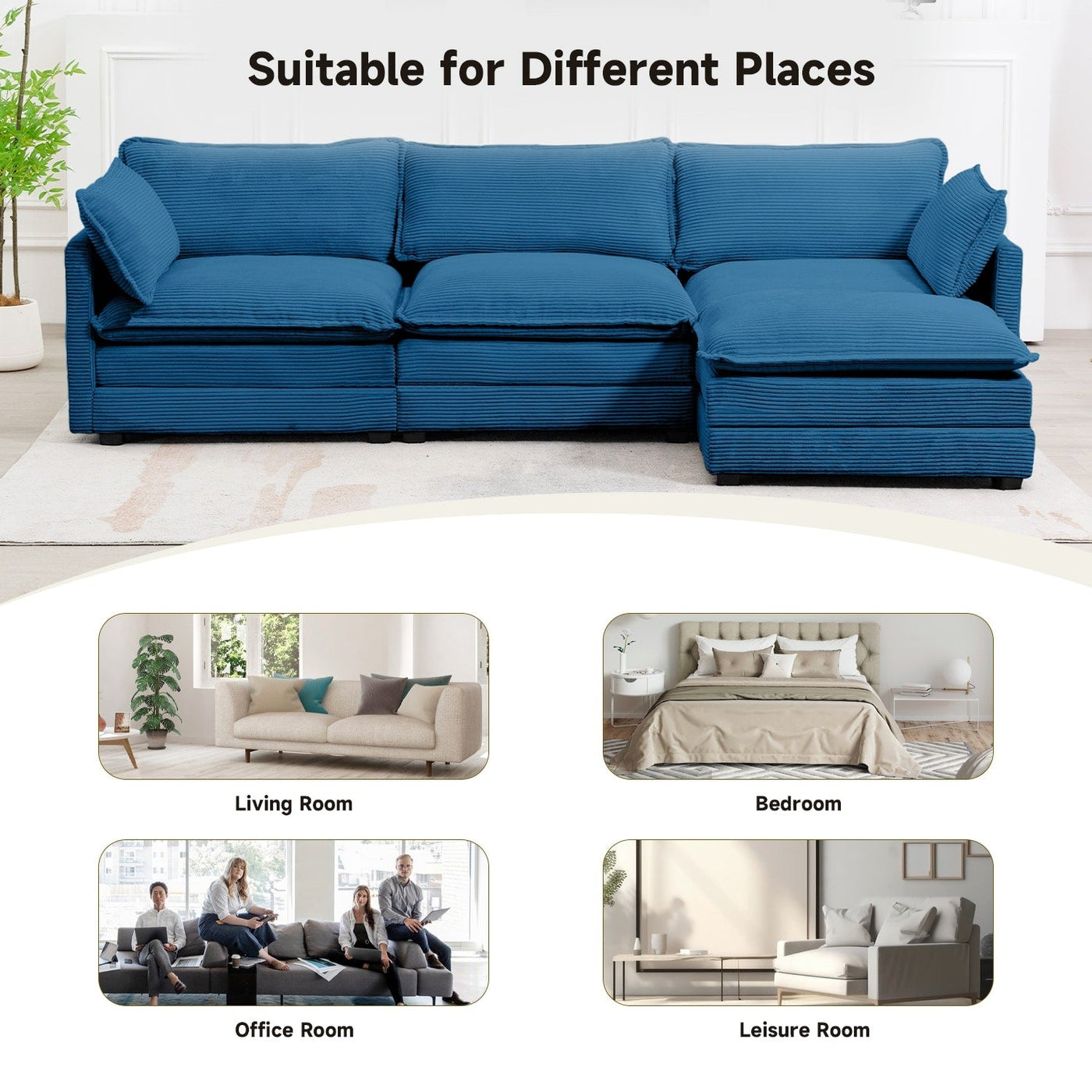 Corduroy Sectional Sofa with Removable Ottomans & Ultra-soft Cushions for Living Room & Bedroom