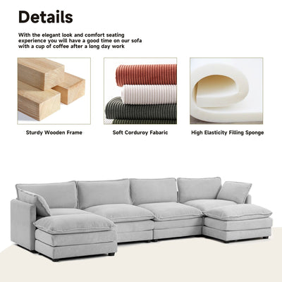 Corduroy Sectional Sofa with Removable Ottomans & Ultra-soft Cushions for Living Room & Bedroom