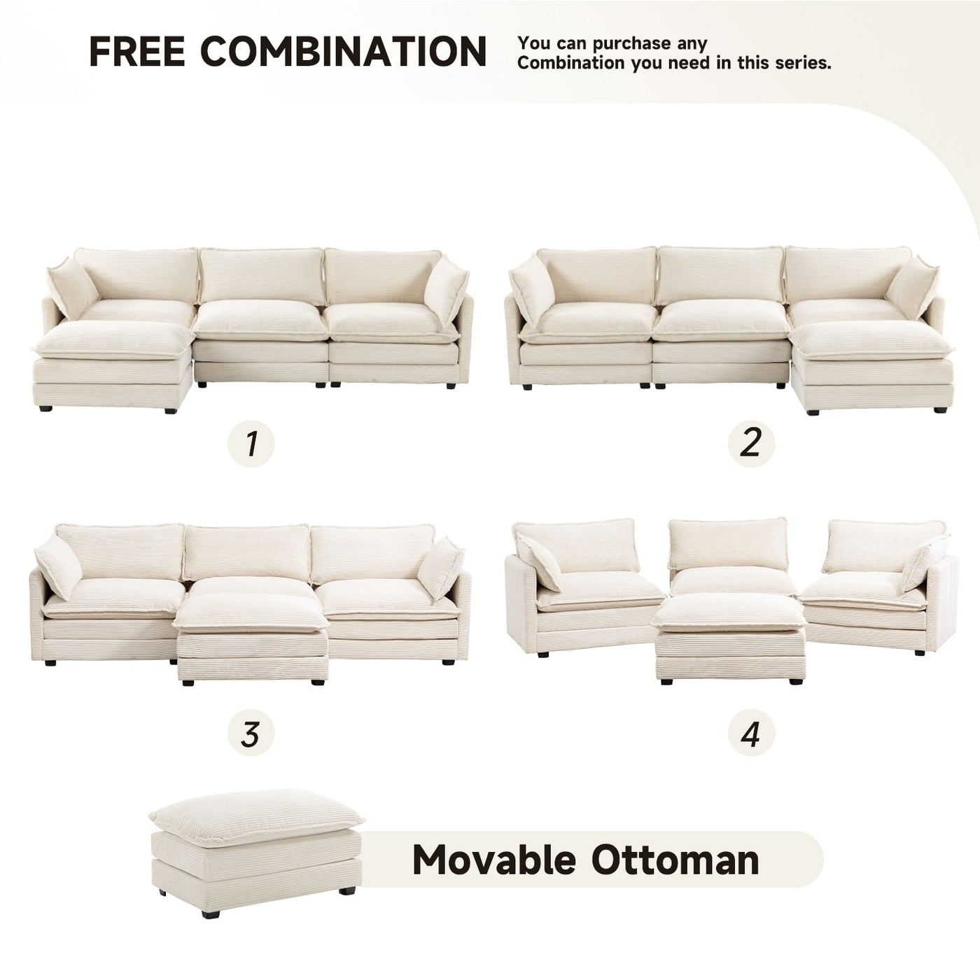 Corduroy Sectional Sofa with Removable Ottomans & Ultra-soft Cushions for Living Room & Bedroom