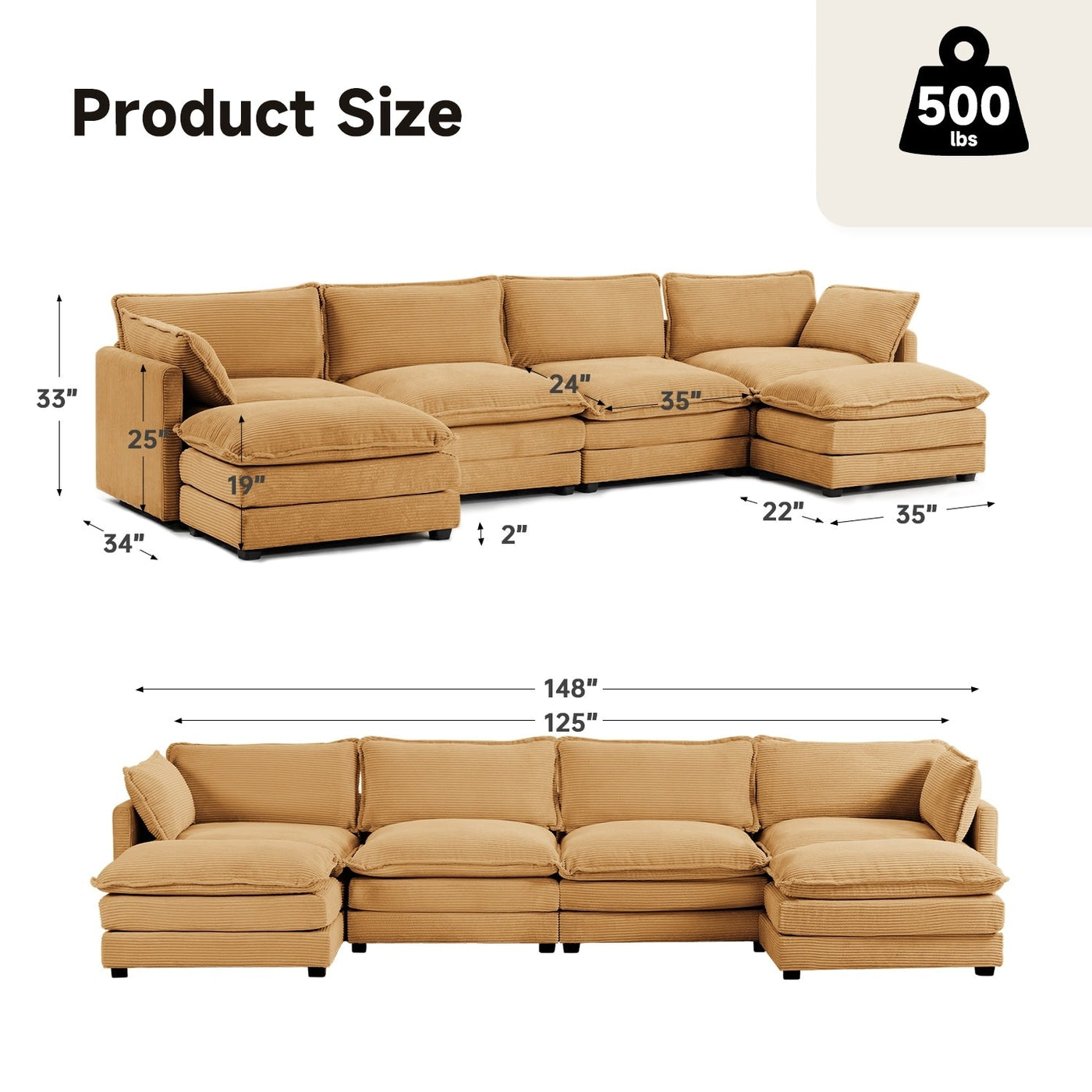 Corduroy Sectional Sofa with Removable Ottomans & Ultra-soft Cushions for Living Room & Bedroom