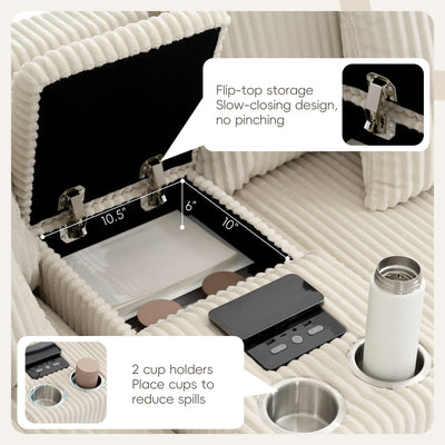 Corduroy Sectional Sofa with Bluetooth Speakers, USB Charger, Cup Holders, Storage, Ottoman, Deep and Wide Seat