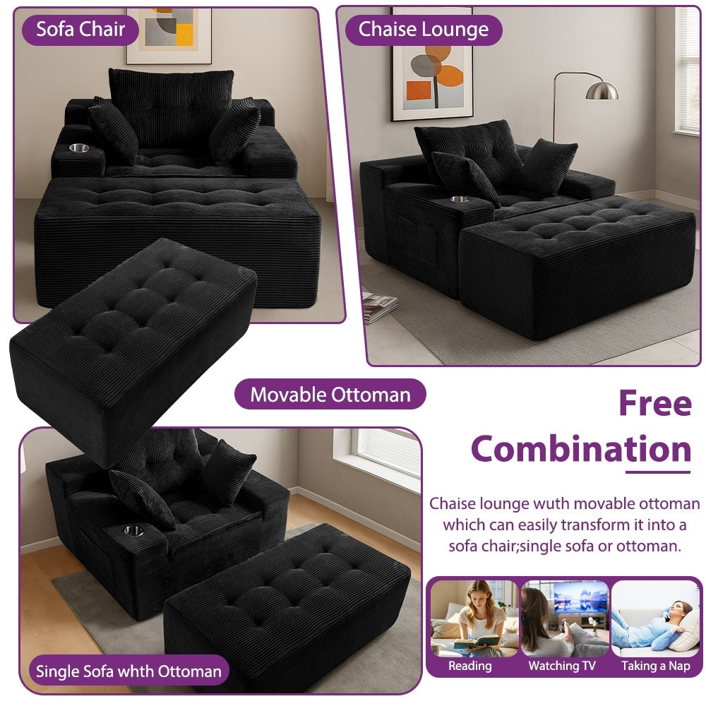 Corduroy Upholstered Memory Foam Sofa With Ottoman Upholstered Bean Bag Couch - 48.4Lx67.7Wx24.4H