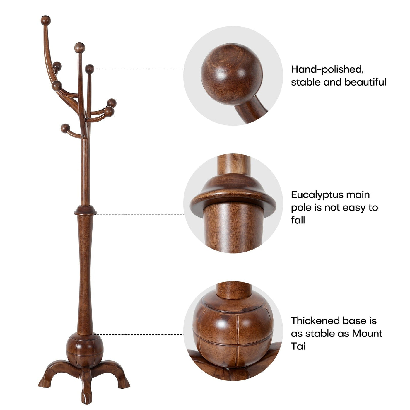 Tree-branch Rubberwood Freestanding Coat Rack with 8 Hooks - 24.5W x 70.87H