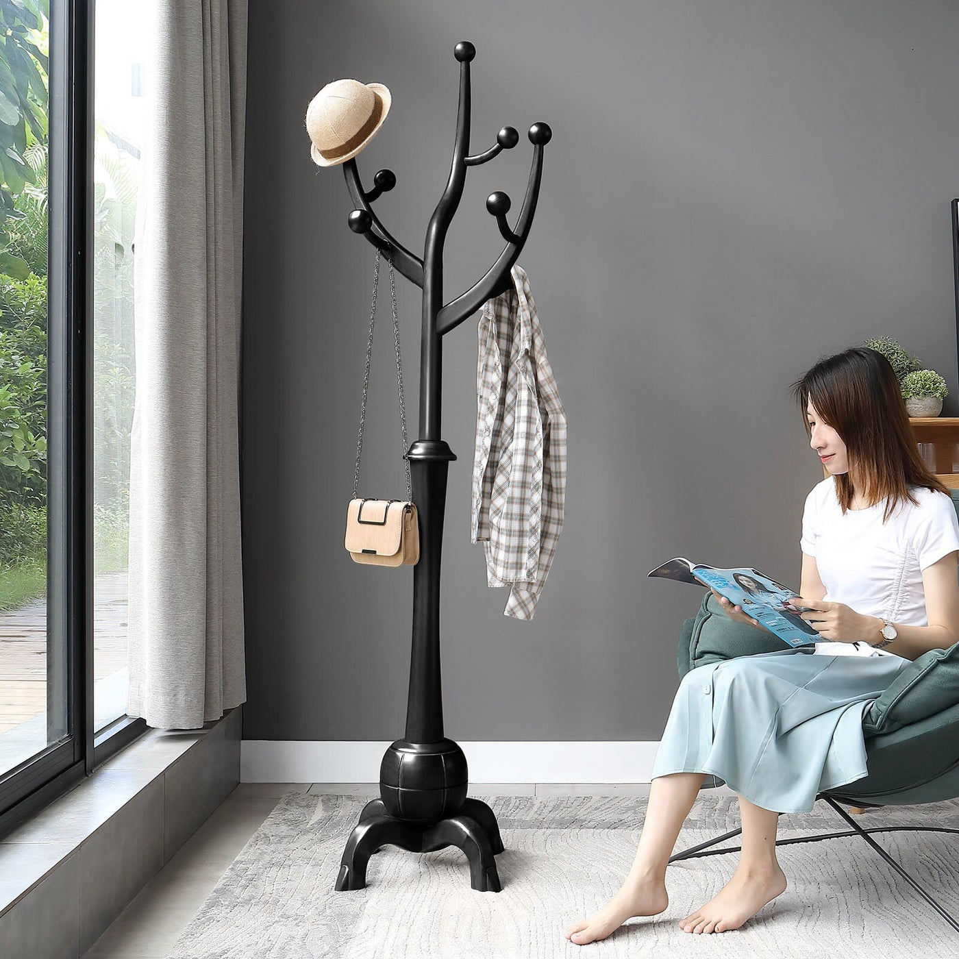 Tree-branch Rubberwood Freestanding Coat Rack with 8 Hooks - 24.5W x 70.87H